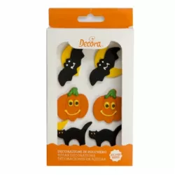 Cukrová dekorácia na tortu: tekvica, netopier a mačka, 6 ks