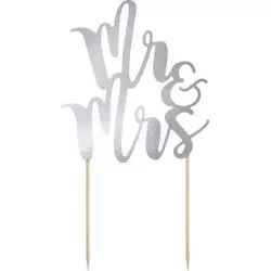 PartyDeco zapichovacia dekorácia na tortu strieborná Mr&Mrs KPT10-018M tortis