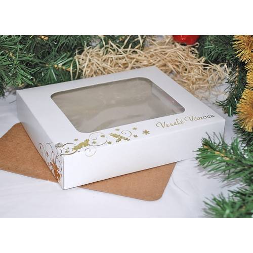 Vianočná škatuľa na koláče biela so zlatou potlačou 18 × 15 × 3,7 cm