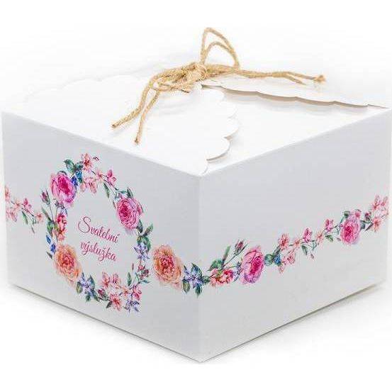 Svadobná krabička na výslužky biela s kvetmi (16,5 x 16,5 x 11 cm) K66-2089-01 dortis