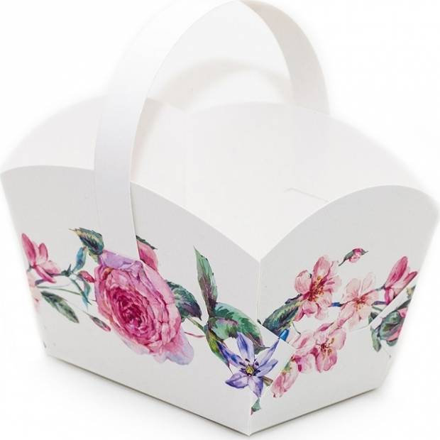 Svadobný košík na cukrovinky biely s kvetmi (10 x 6,7 x 8 cm) KOS2089-01 dortis