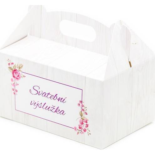 Svadobná krabička na výslužky vzor drevo s kvetmi a nápisom (13 x 9 x 7 cm) K33-2090-01 dortis