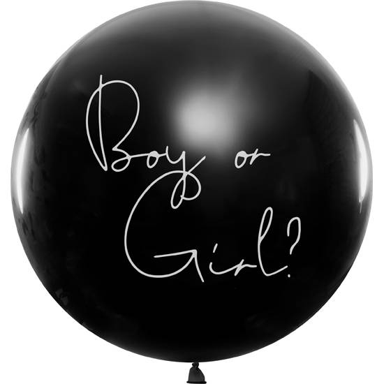 Čierny balón dievča alebo chlapec, modré konfety 1m