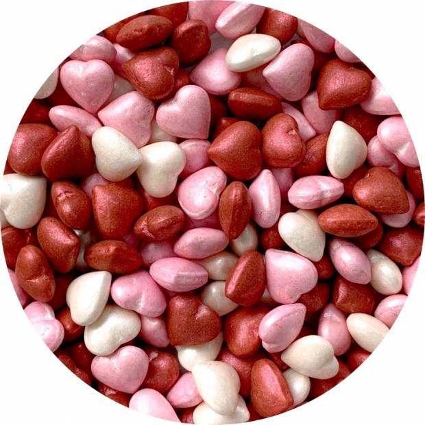 Biele, ružové a červené perlové cukrové srdiečka (50 g)