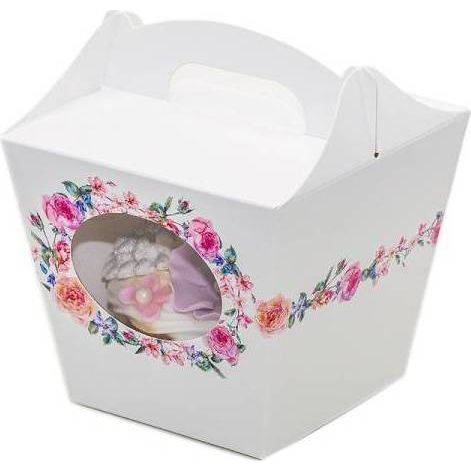 Svadobná krabica na koláčiky biela s kvetmi (7,5 x 7,5 x 9,3 cm)