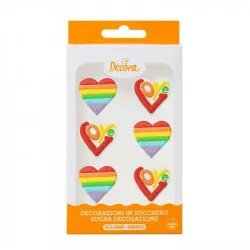 Cukrové dekorácie dúhové srdiečka, 6 ks