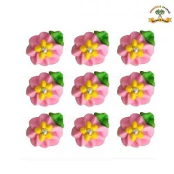 Cukrová dekorace květy ružové so žltým stredom na platíčku 9 ks