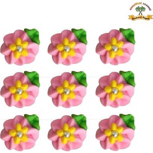 Cukrová dekorácia ružové kvety so žltým stredom na 9ks tanieri