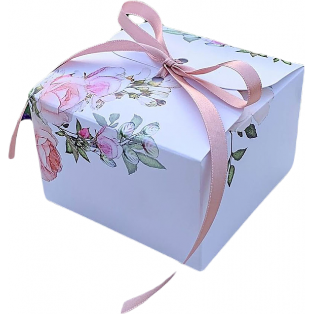 Svadobná krabička na výslužky biela s ružami s mašľou (11 x 11 x 7 cm) 8ks