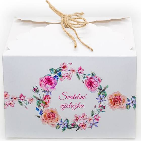 Svadobná krabička na výslužky biela s kvetmi (16,5 x 16,5 x 11 cm) 8ks
