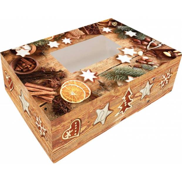 Skladacia krabica na cukrovinky s oknom 25x15x7cm 1ks imitácia dreva vianočné