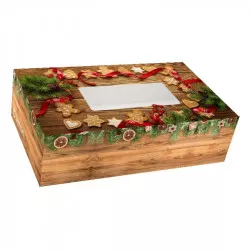 Lyžiarská krabička na cukrovinky s okienkom - vzor drevo s perníčkami 25x15x7 cm