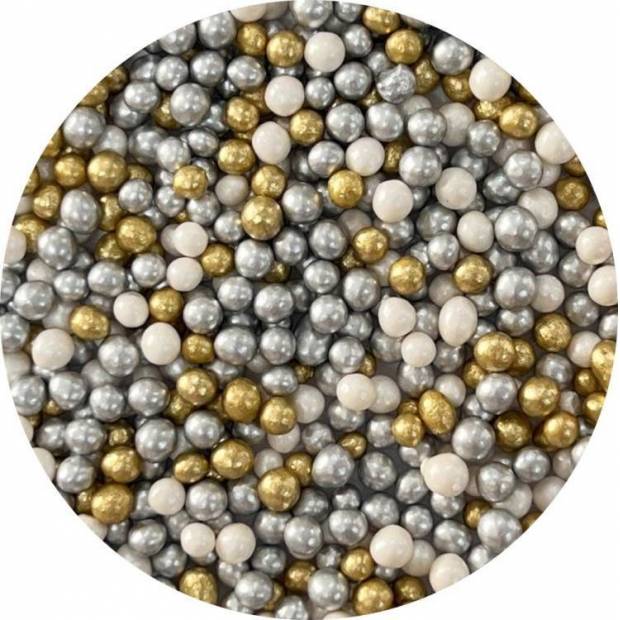 4Tortové biele perly, strieborné a zlaté perly z ryžového cukru (60 g)