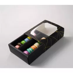 Čierna krabička na makrónky so zlatými pruhmi 15,5 x 12,5 x 5,2 cm (na 10 kusov)