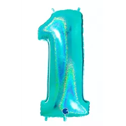 Nafukovací balónik číslo 1 tyrkys holografický 102 cm