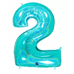 Nafukovací balónik číslo 2 tyrkys holografický 102 cm