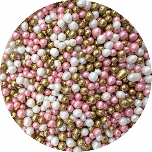 Perly z cukrovej ryže ružovo-bielo-zlaté 5 mm 80 g