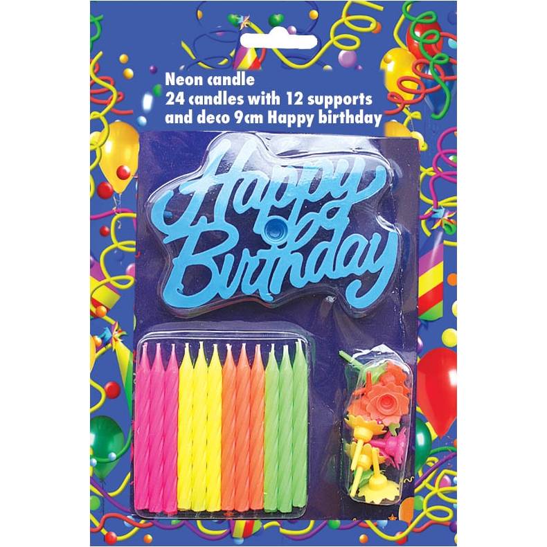 E-shop Sviečky na tortu 24 ks neónové s nápisom Happy Birthday