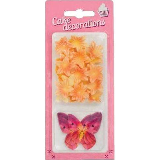 E-shop Dekorace z jedlého papíru Motýlci červení a květiny mini žluté (30 ks)